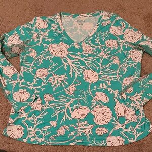 Icikuls green and white coral seashell printed long sleeve top
